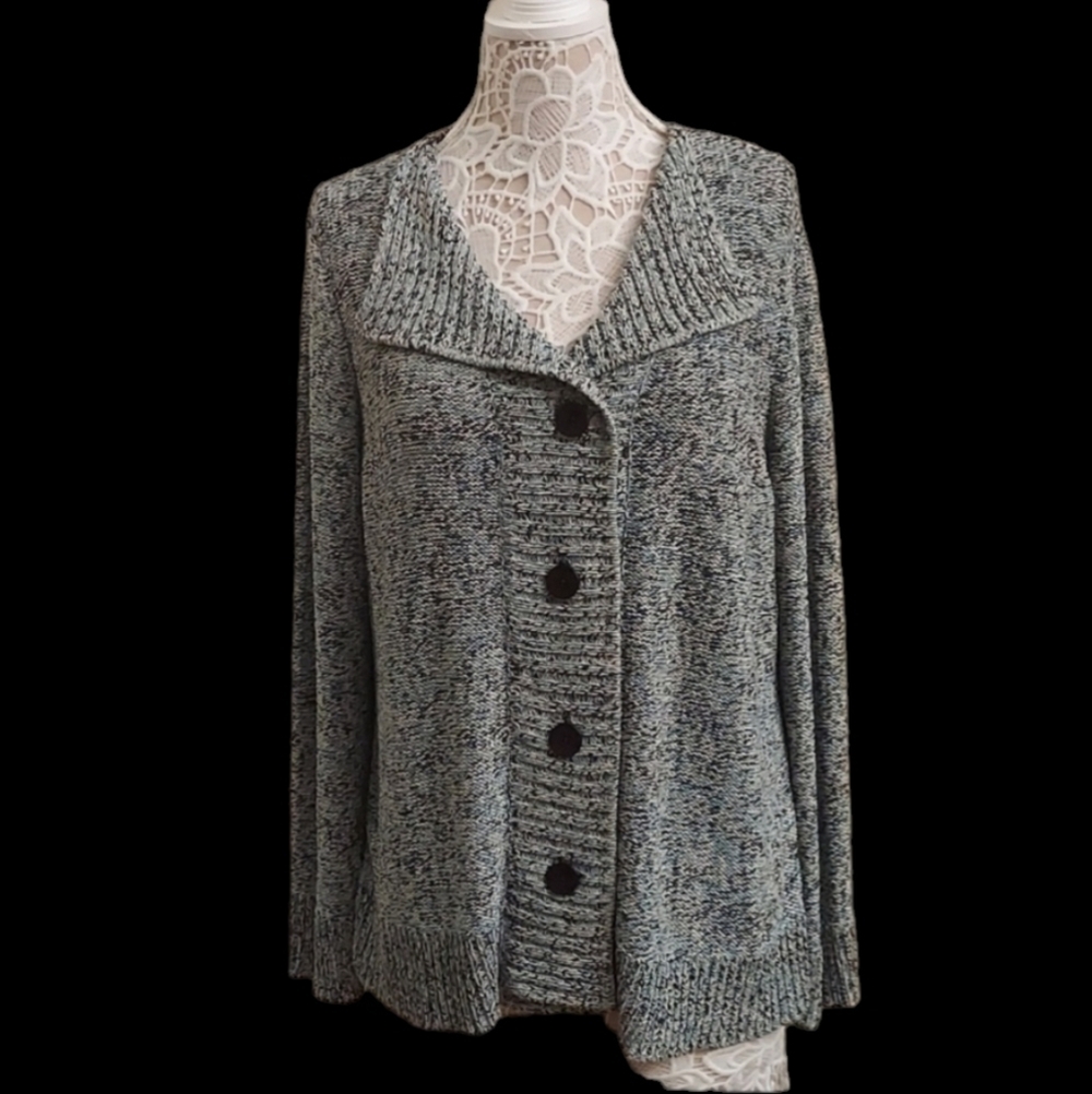 Jones New York Heathered Gray Button-Front Cardigan Sweater